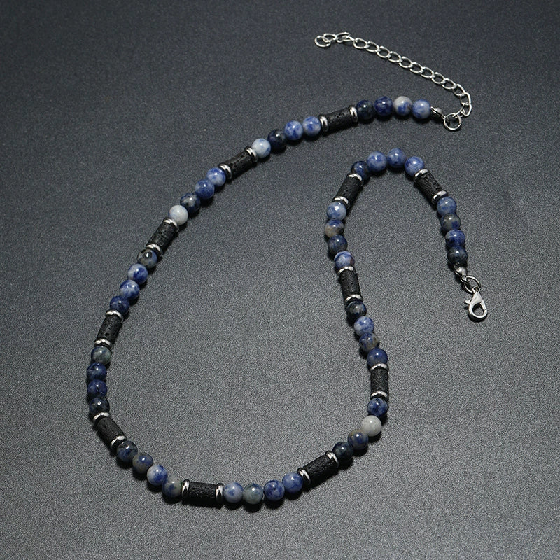 Men's Handmade Natural Stone Beaded Necklace With Geometric Style And Alloy Pendant - Image 3