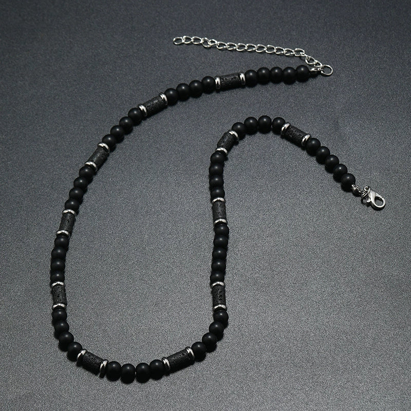 Men's Handmade Natural Stone Beaded Necklace With Geometric Style And Alloy Pendant - Image 4