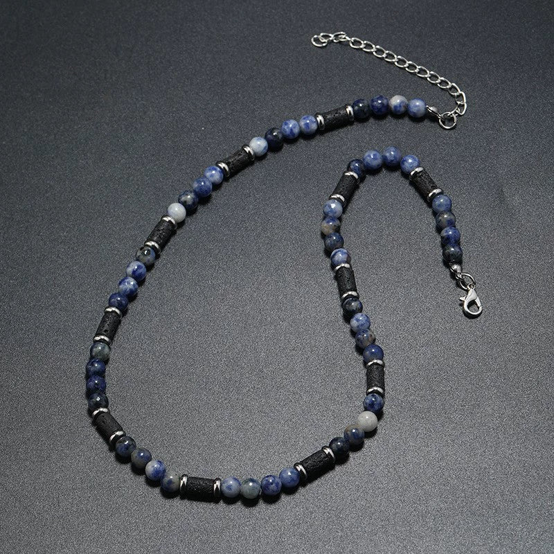 Men's Handmade Natural Stone Beaded Necklace With Geometric Style And Alloy Pendant - Image 6