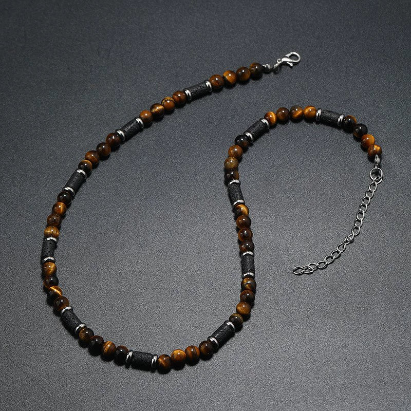 Men's Handmade Natural Stone Beaded Necklace With Geometric Style And Alloy Pendant - Image 7