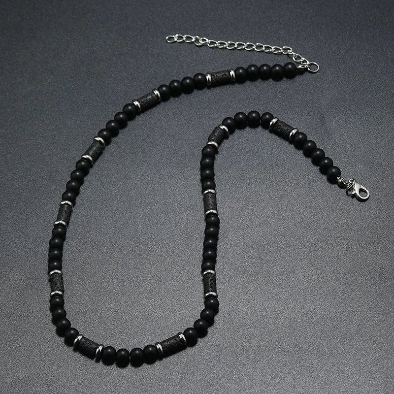 Men's Handmade Natural Stone Beaded Necklace With Geometric Style And Alloy Pendant - Image 8