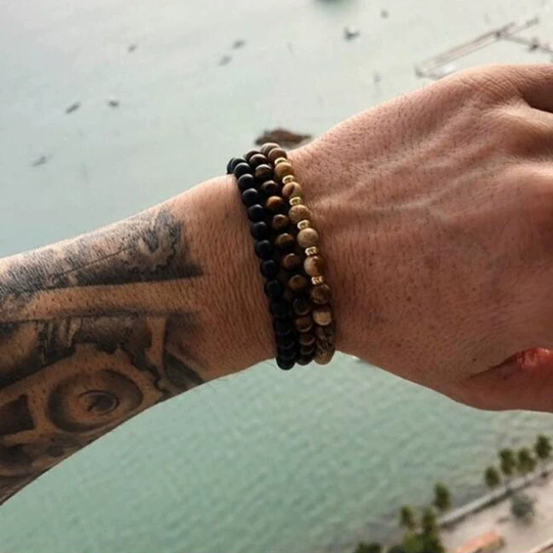 Men's Handmade Stone Stacking Bracelet Geometric Style Black Frosted Tiger Eye