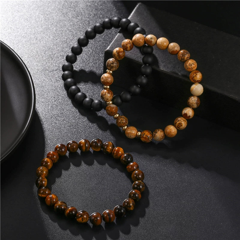 Men's Handmade Stone Stacking Bracelet Geometric Style Black Frosted Tiger Eye - Image 2
