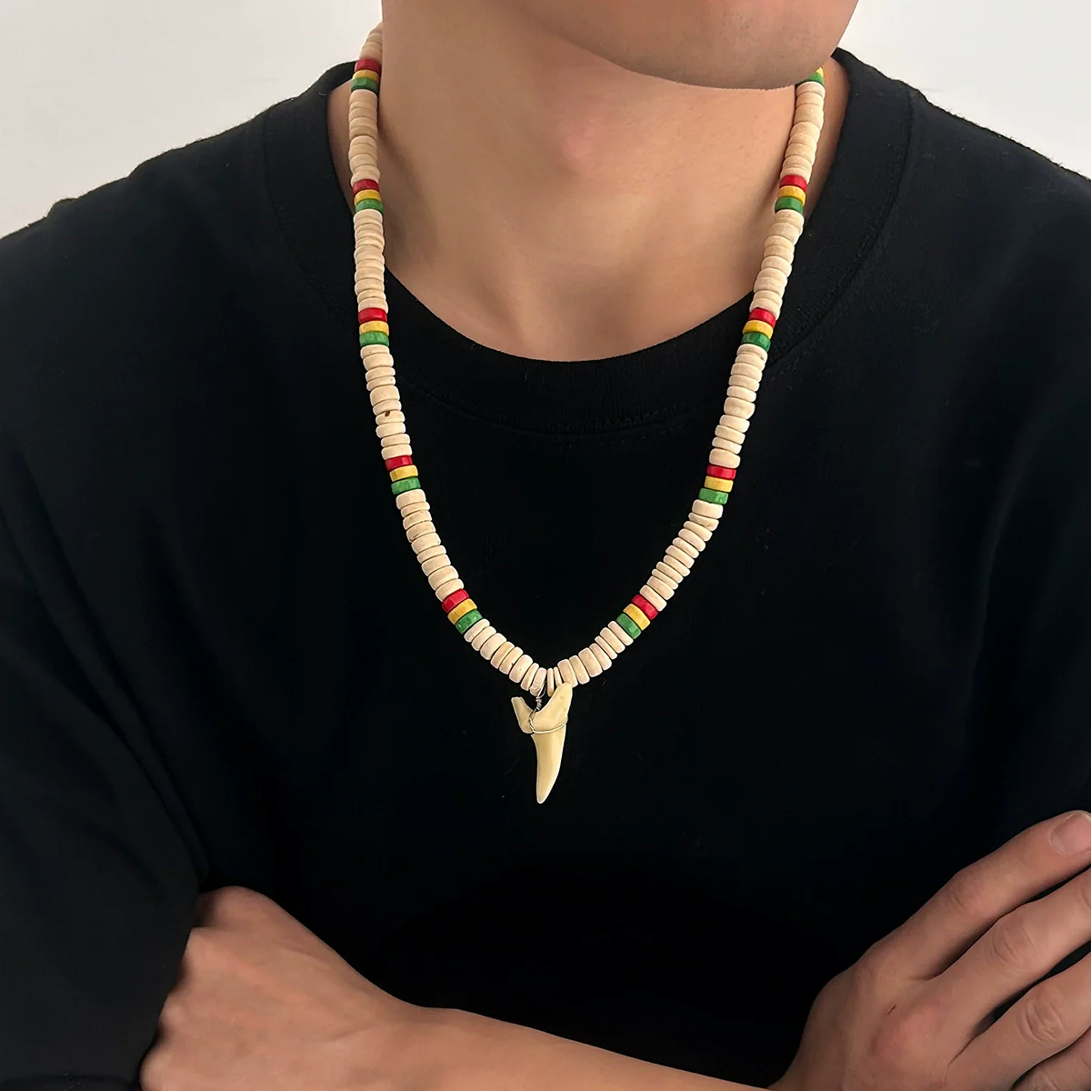 Men's Handmade Wooden Bead Necklace With Geometric Pattern And Shark Tooth Pendant For Summer Surfer Style - Image 3