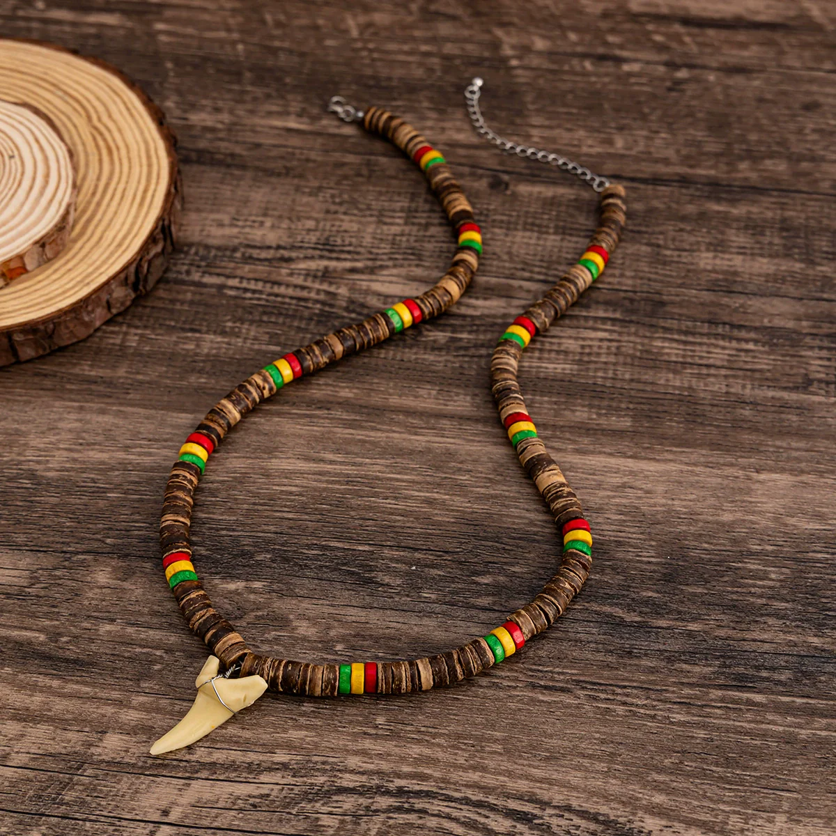 Men's Handmade Wooden Bead Necklace With Geometric Pattern And Shark Tooth Pendant For Summer Surfer Style - Image 4
