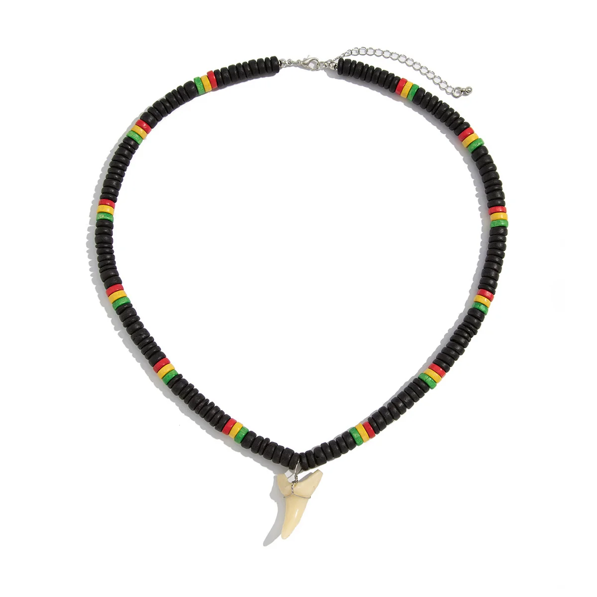 Men's Handmade Wooden Bead Necklace With Geometric Pattern And Shark Tooth Pendant For Summer Surfer Style - Image 5
