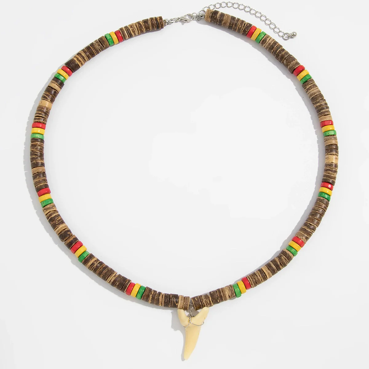 Men's Handmade Wooden Bead Necklace With Geometric Pattern And Shark Tooth Pendant For Summer Surfer Style - Image 6