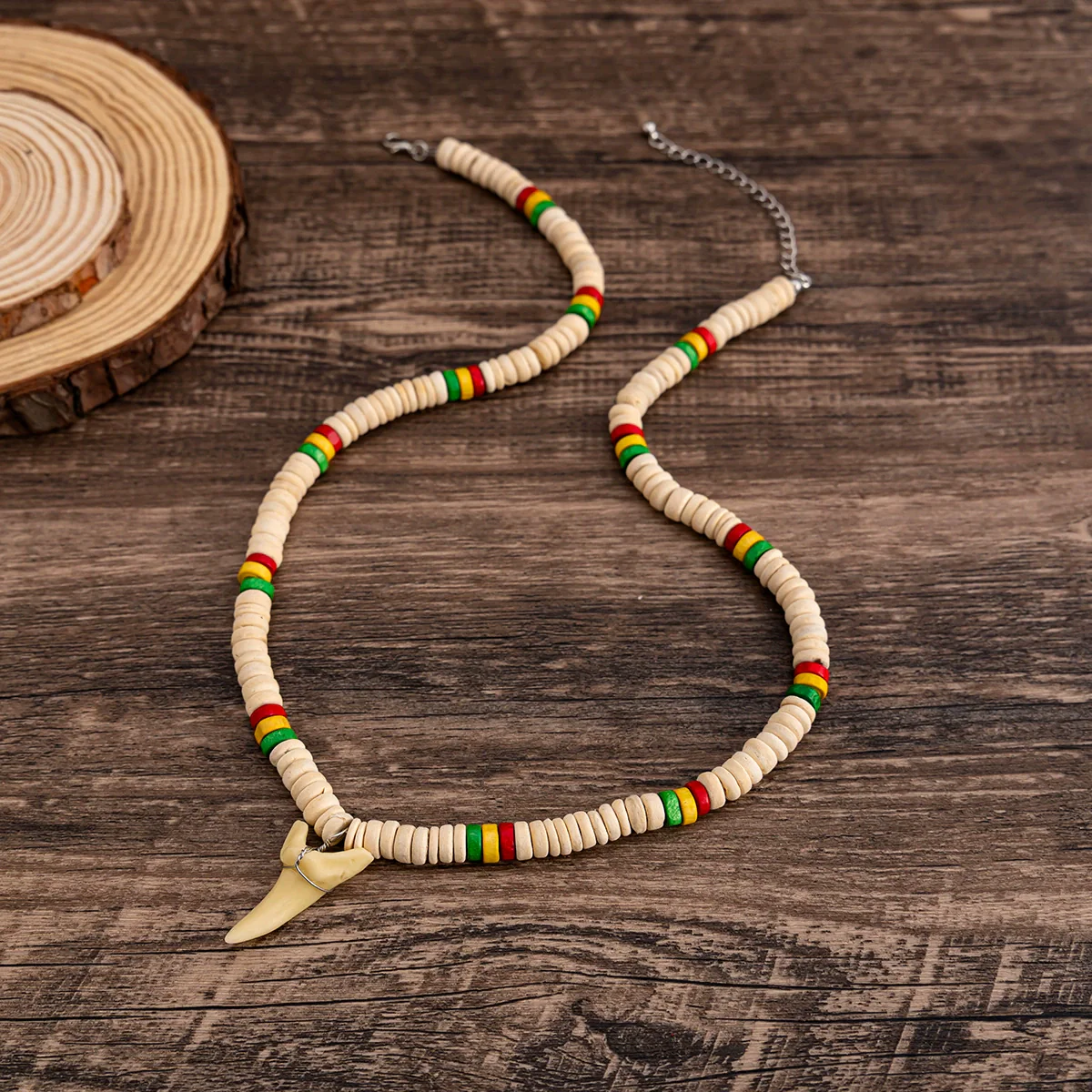 Men's Handmade Wooden Bead Necklace With Geometric Pattern And Shark Tooth Pendant For Summer Surfer Style - Image 8