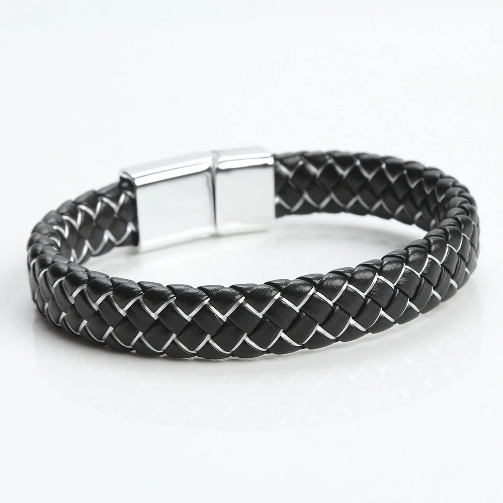 Men's Handwoven Alloy Leather Bracelet With Geometric Pattern And Magnet Buckle Handmade Jewelry - Image 4