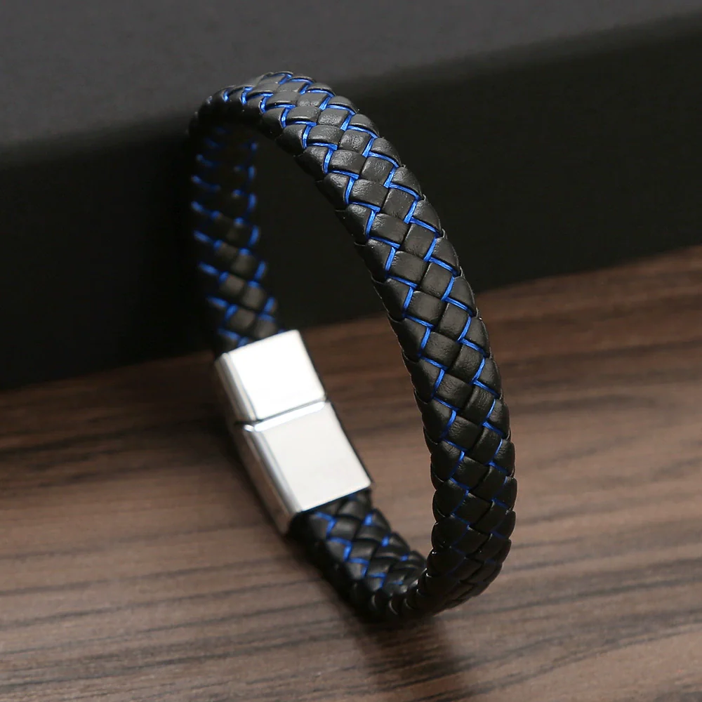 Men's Handwoven Alloy Leather Bracelet With Geometric Pattern And Magnet Buckle Handmade Jewelry - Image 7