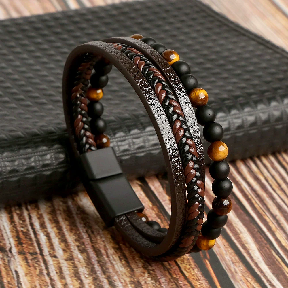 Men's Handwoven Natural Stone Tiger Eye Stone Beaded Bracelet With Geometric Style And Zinc Alloy Buckle - Image 10
