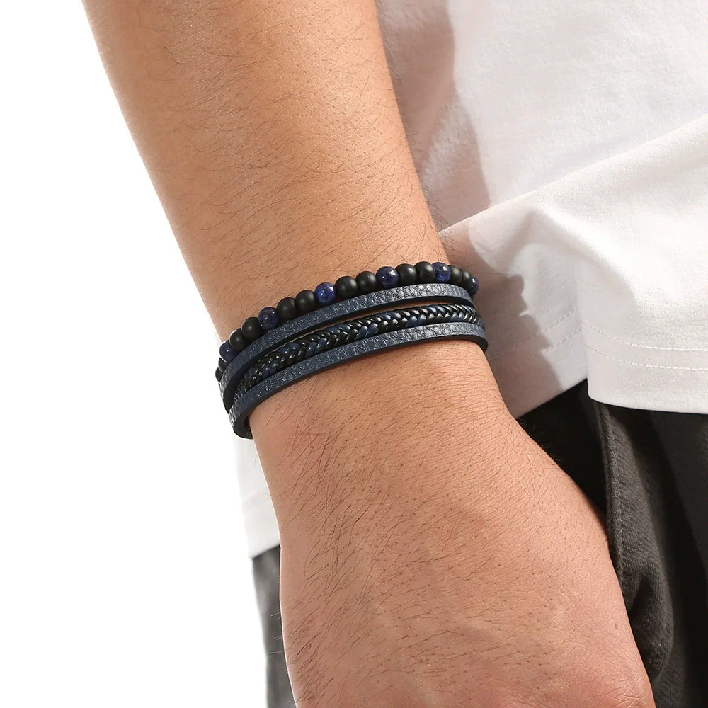 Men's Handwoven Natural Stone Tiger Eye Stone Beaded Bracelet With Geometric Style And Zinc Alloy Buckle - Image 2