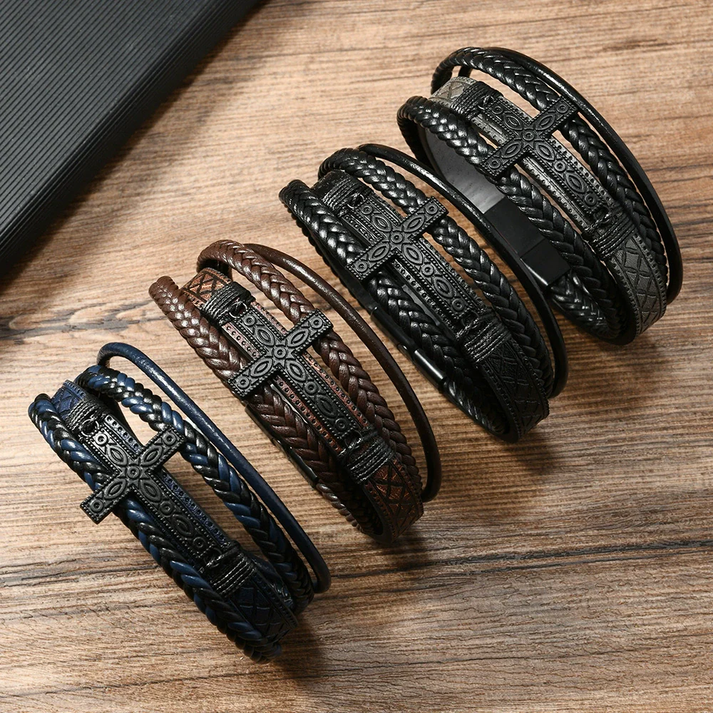 Men's Handwoven Retro Alloy Cross Leather Bracelet With Magnetic Buckle
