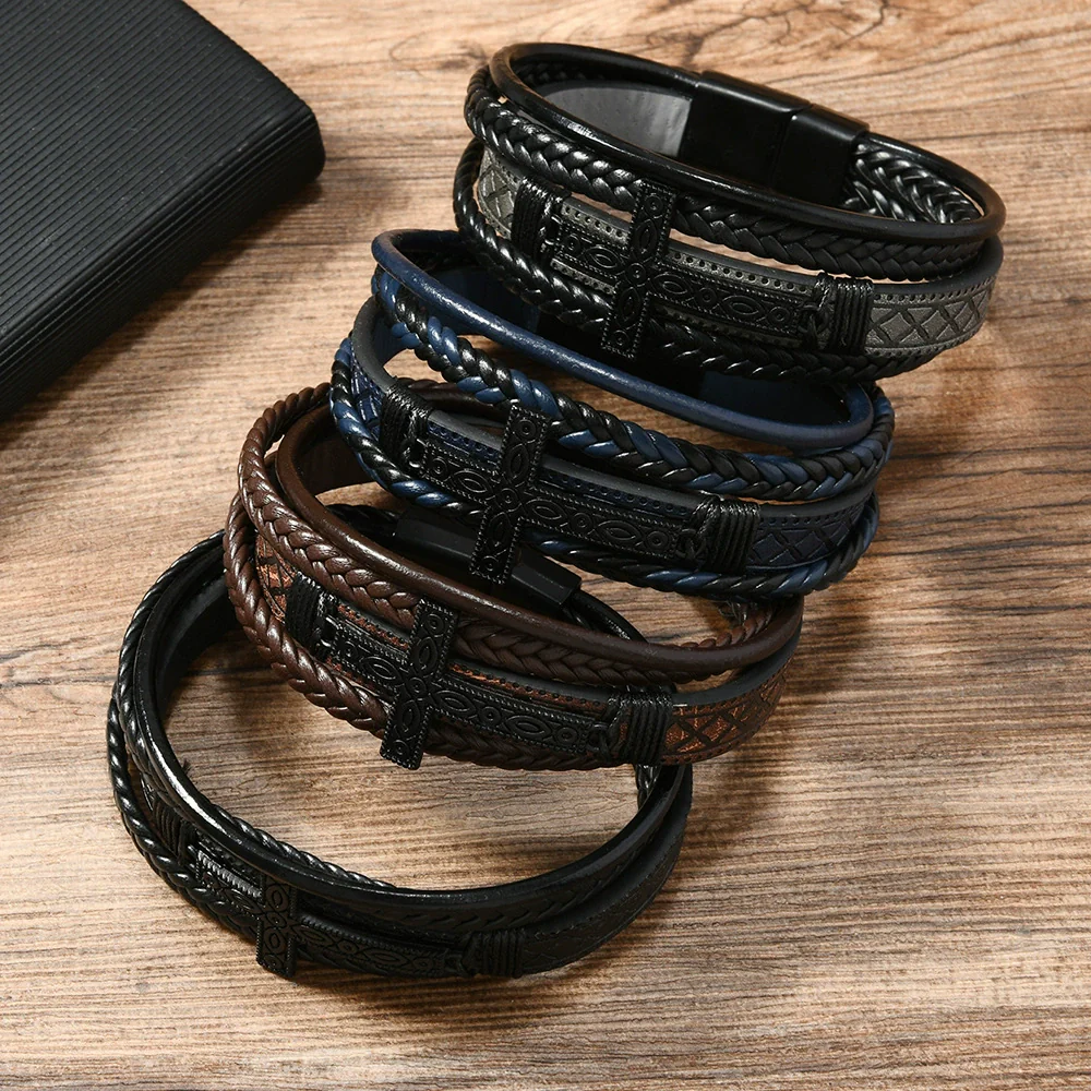 Men's Handwoven Retro Alloy Cross Leather Bracelet With Magnetic Buckle - Image 2