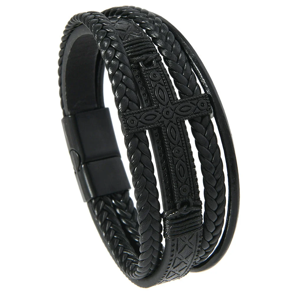 Men's Handwoven Retro Alloy Cross Leather Bracelet With Magnetic Buckle - Image 5