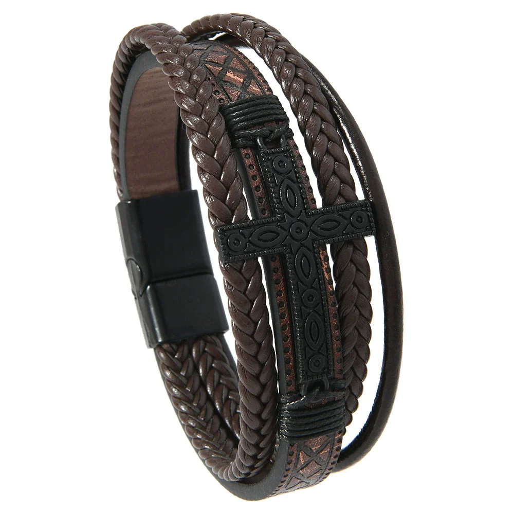 Men's Handwoven Retro Alloy Cross Leather Bracelet With Magnetic Buckle - Image 7