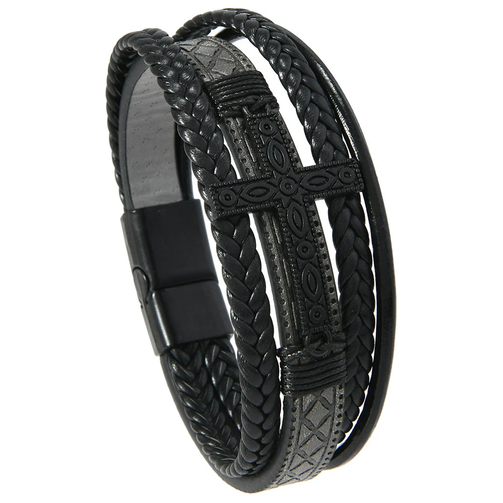 Men's Handwoven Retro Alloy Cross Leather Bracelet With Magnetic Buckle - Image 9