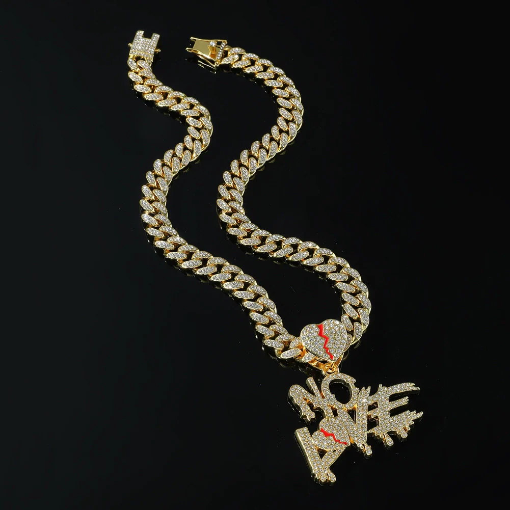 Men's Hip Hop Alloy Cuban Chain With Rhinestone Heartbreak Letter Pendant And Geometric Design - Image 6