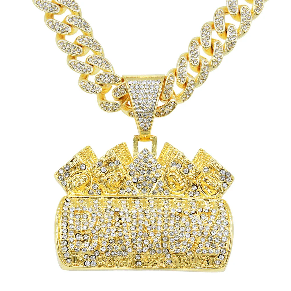 Men's Hip Hop Alloy Pendant Necklace With Geometric Pattern And Diamond Treatment On Cuban Chain