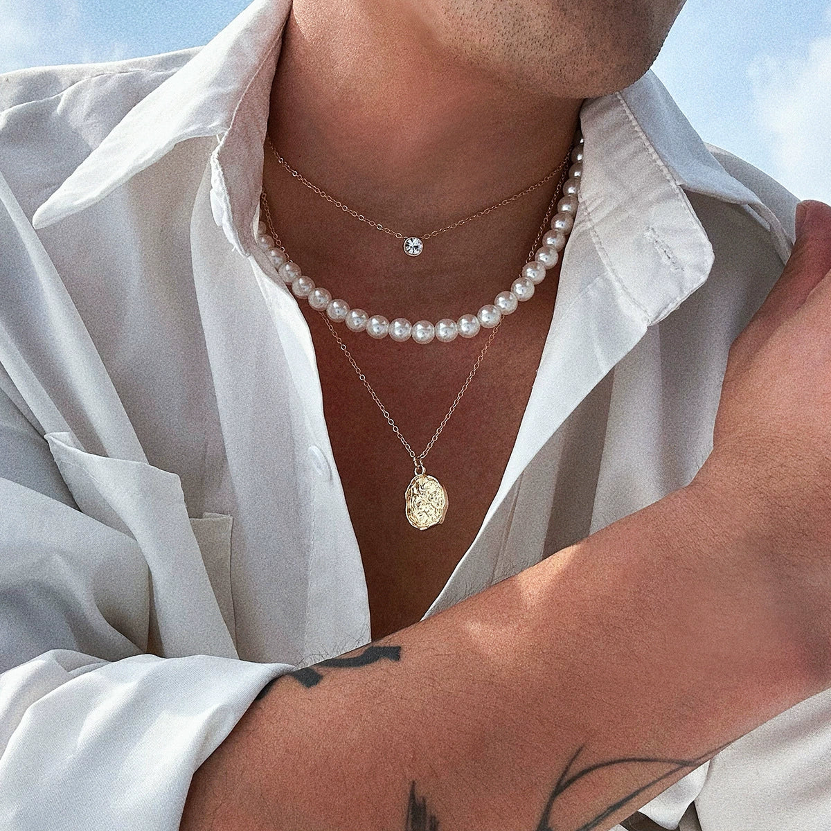 Men's Hip Hop Imitation Pearl Round Handmade Geometric Alloy Necklace