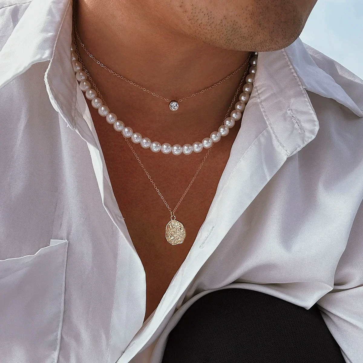 Men's Hip Hop Imitation Pearl Round Handmade Geometric Alloy Necklace - Image 2