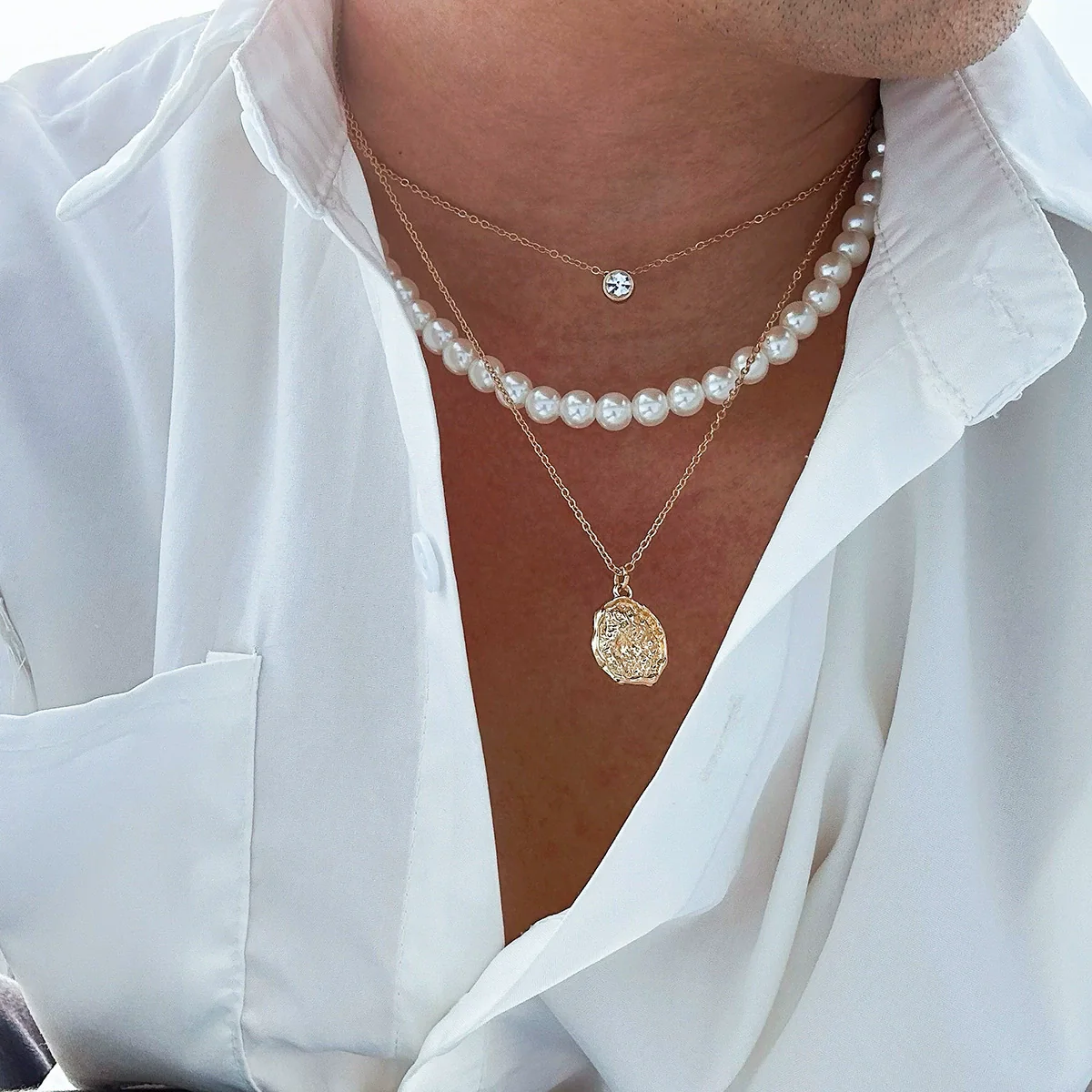 Men's Hip Hop Imitation Pearl Round Handmade Geometric Alloy Necklace - Image 3