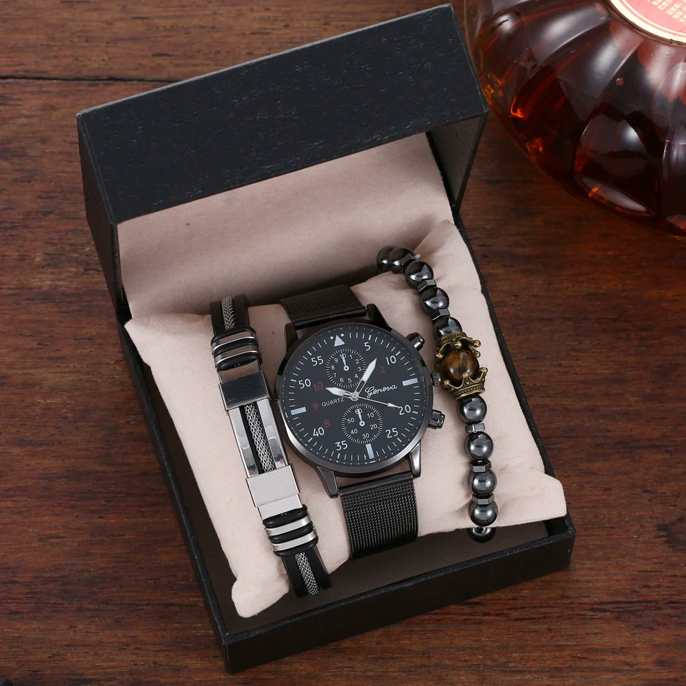 Men's Hip Hop Style Quartz Watch Alloy And Titanium Metal Bracelet 3 Piece Set With Round Dial And Spiral Crown - Image 2