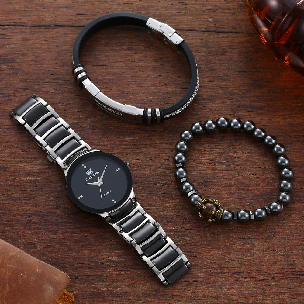 Men's Hip Hop Style Quartz Watch Alloy And Titanium Metal Bracelet 3 Piece Set With Round Dial And Spiral Crown - Image 3