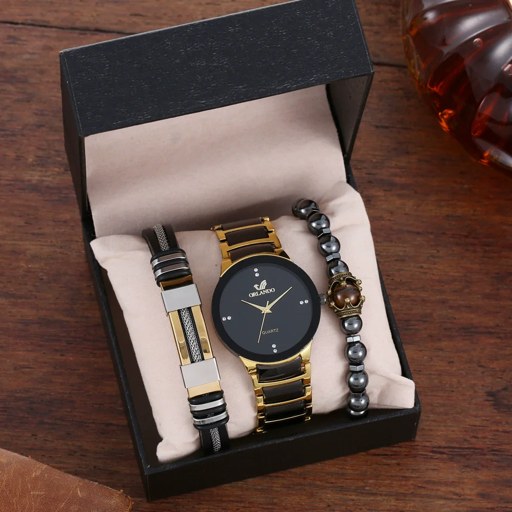 Men's Hip Hop Style Quartz Watch Alloy And Titanium Metal Bracelet 3 Piece Set With Round Dial And Spiral Crown - Image 4