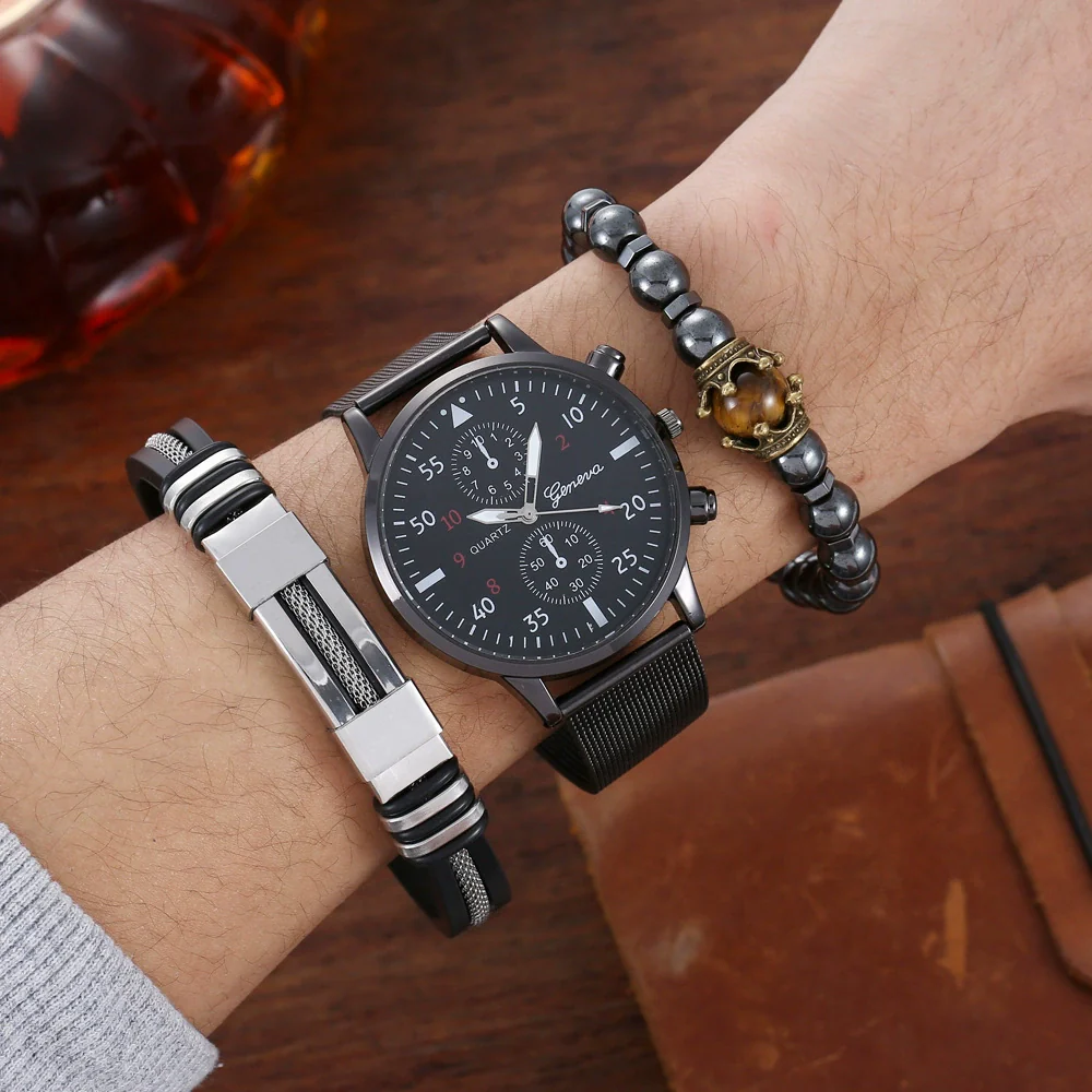 Men's Hip Hop Style Quartz Watch Alloy And Titanium Metal Bracelet 3 Piece Set With Round Dial And Spiral Crown - Image 6