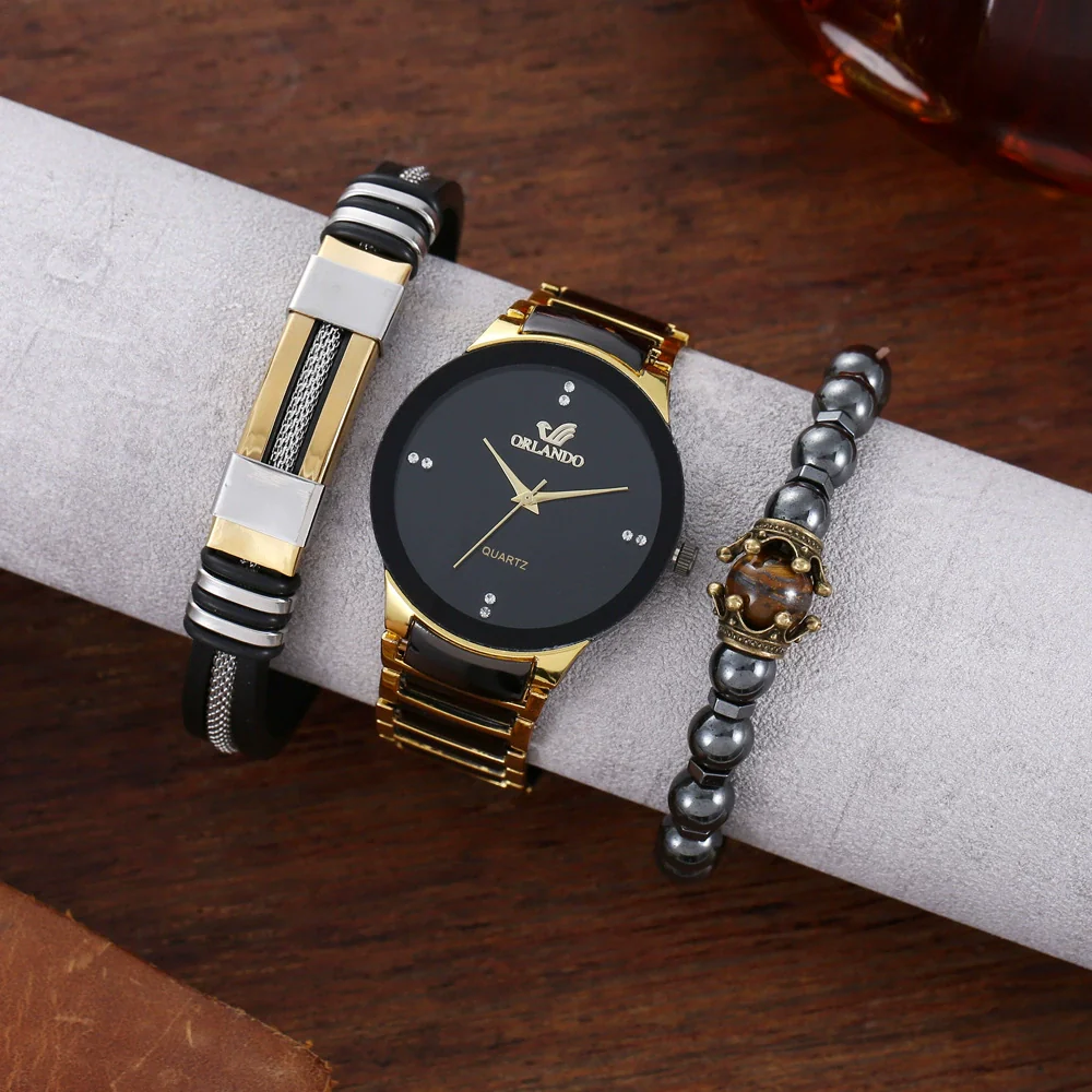 Men's Hip Hop Style Quartz Watch Alloy And Titanium Metal Bracelet 3 Piece Set With Round Dial And Spiral Crown - Image 7