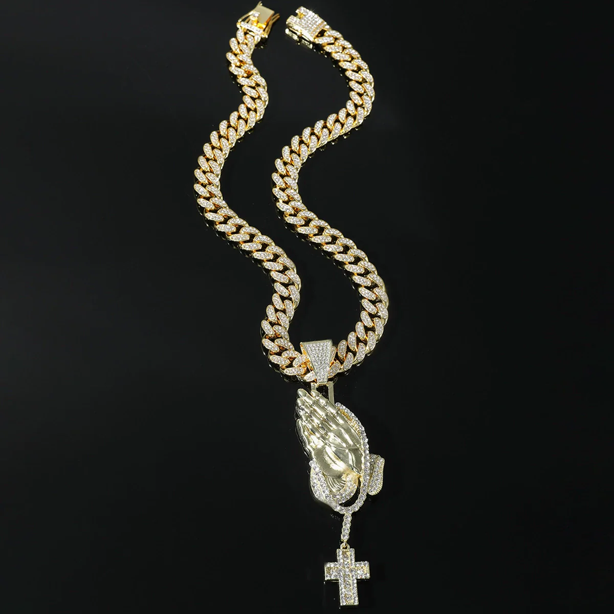Men's Hiphop Alloy Jewelry With Pray Hand Cross And Geometric Diamond Design Cuban Chain Necklace - Image 2