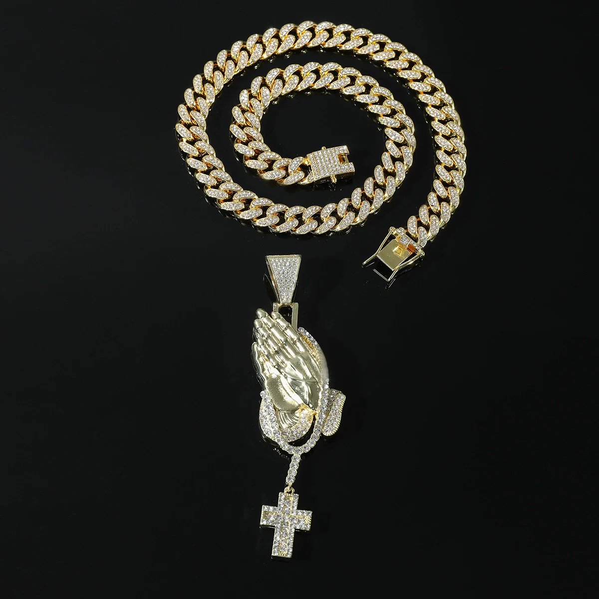 Men's Hiphop Alloy Jewelry With Pray Hand Cross And Geometric Diamond Design Cuban Chain Necklace - Image 3