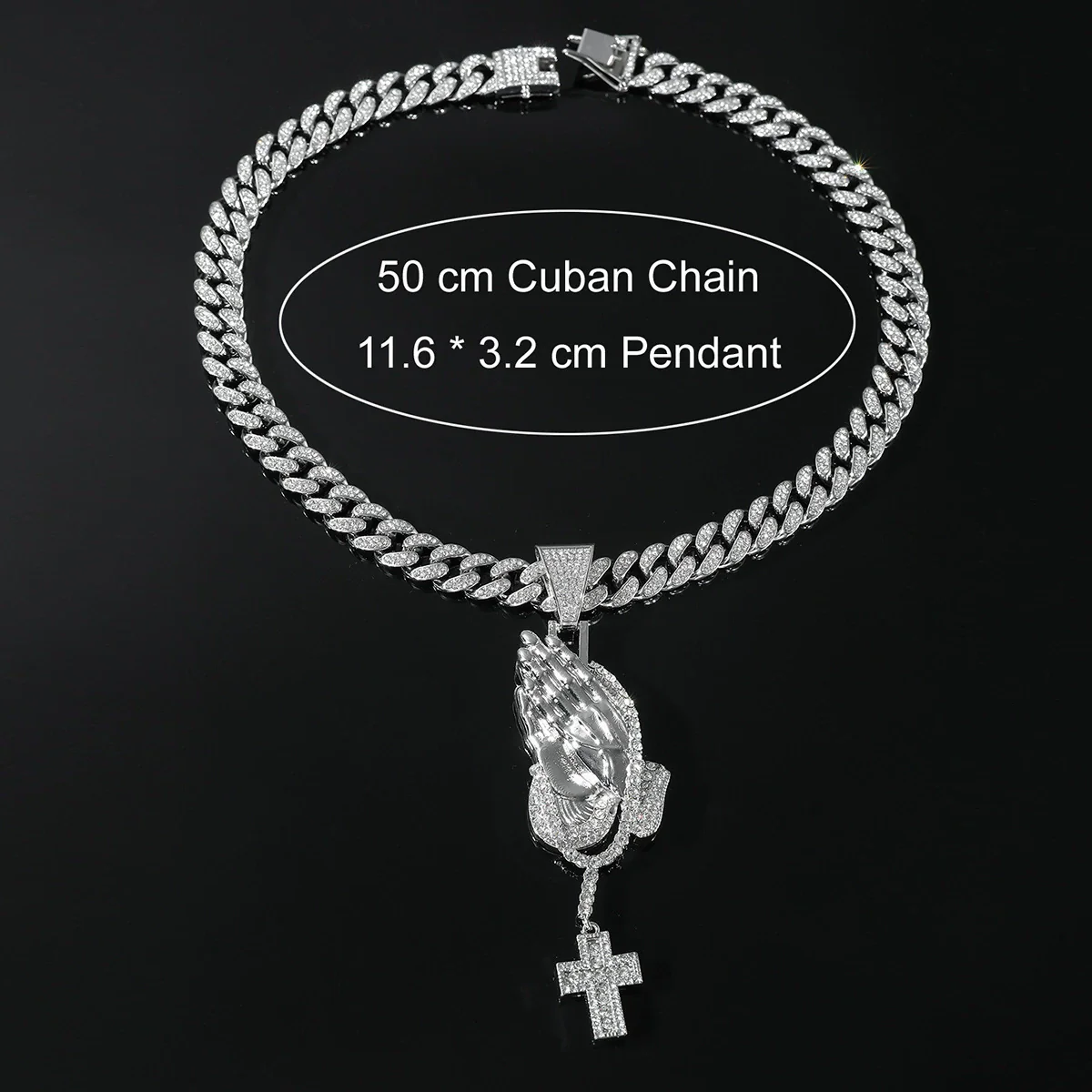 Men's Hiphop Alloy Jewelry With Pray Hand Cross And Geometric Diamond Design Cuban Chain Necklace - Image 4