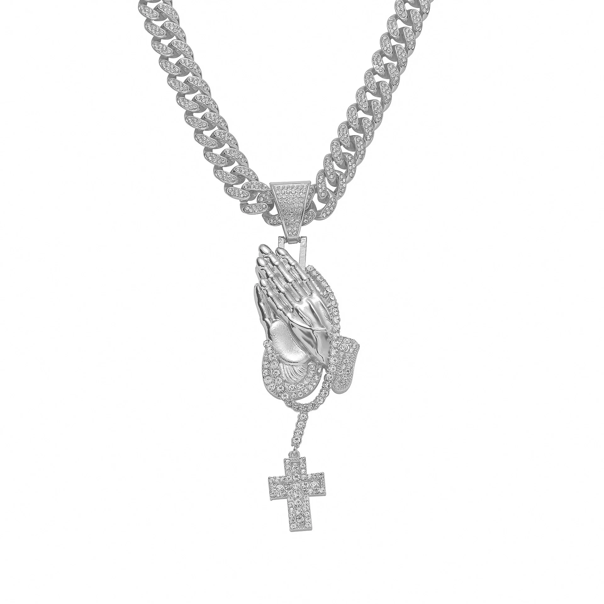 Men's Hiphop Alloy Jewelry With Pray Hand Cross And Geometric Diamond Design Cuban Chain Necklace - Image 5