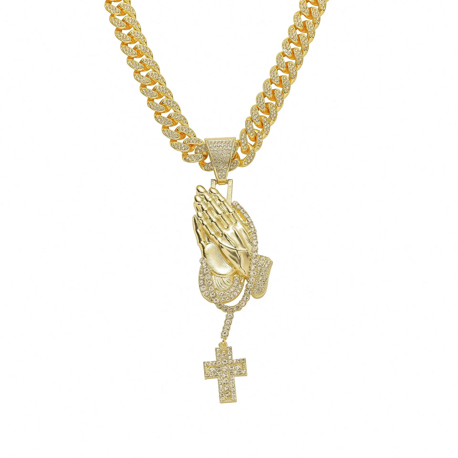 Men's Hiphop Alloy Jewelry With Pray Hand Cross And Geometric Diamond Design Cuban Chain Necklace - Image 6