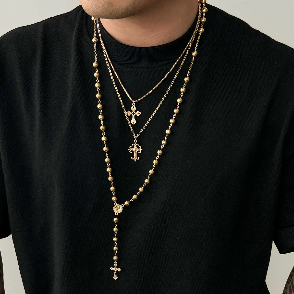 Men's Hiphop Cross Necklace Alloy Geometric Pattern Handmade Round Beads Regular Chain Jewelry - Image 2