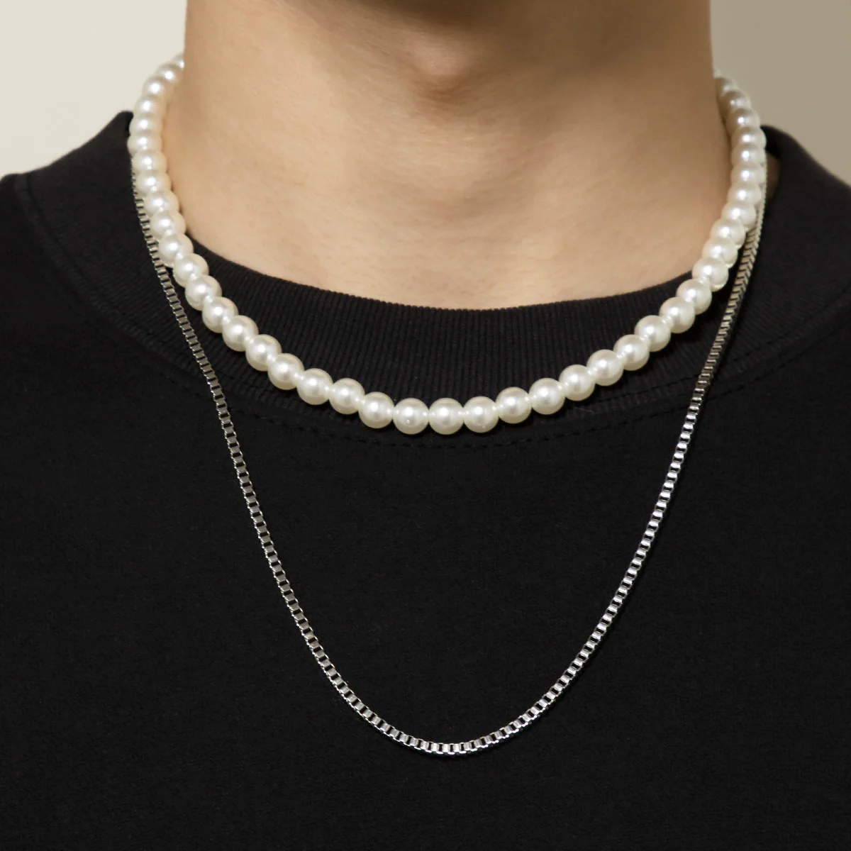 Men's Hiphop Geometric Box Chain Imitation Pearl Doublelayer Necklace