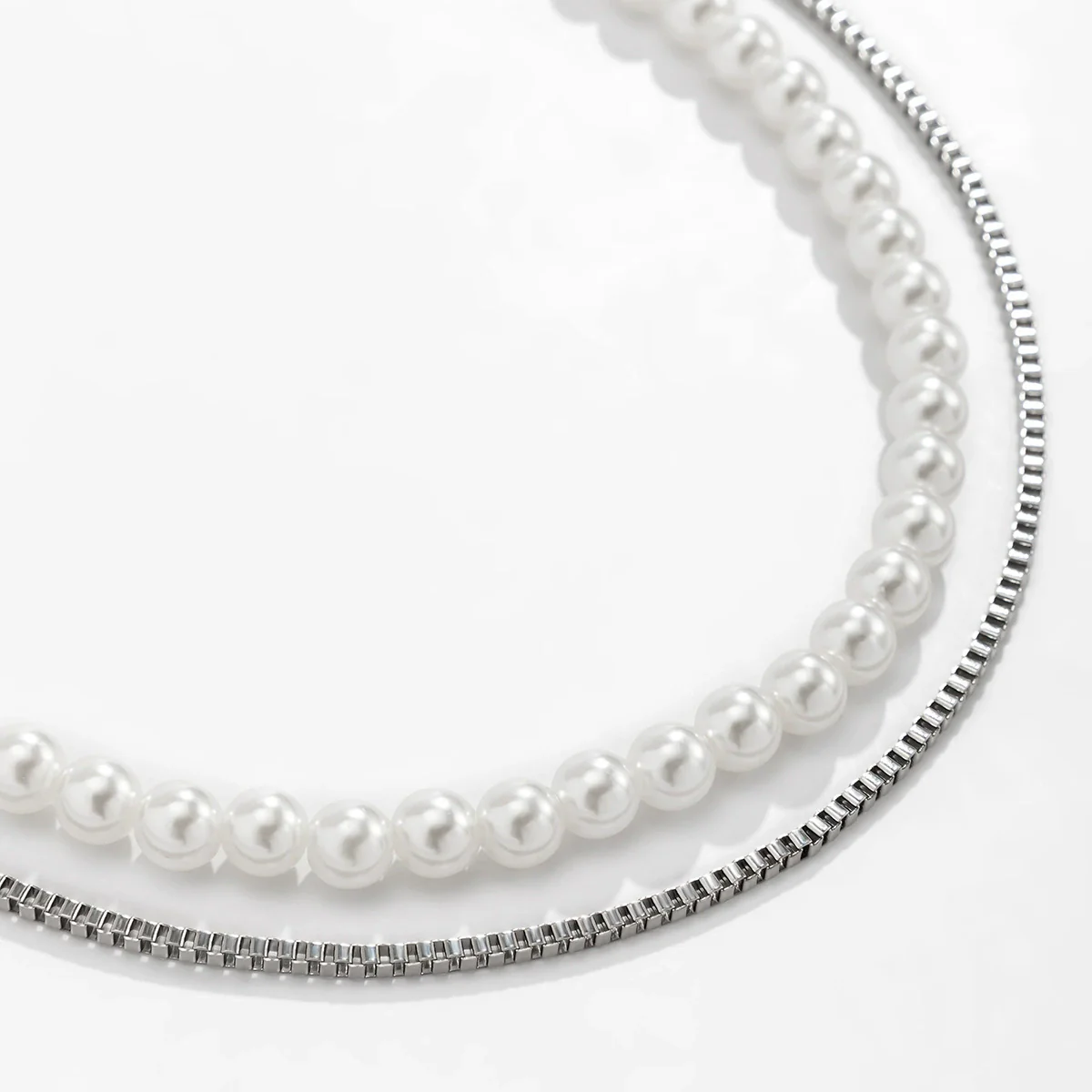 Men's Hiphop Geometric Box Chain Imitation Pearl Doublelayer Necklace - Image 4