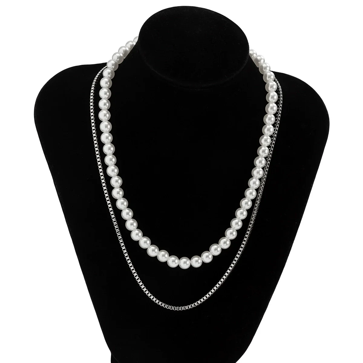 Men's Hiphop Geometric Box Chain Imitation Pearl Doublelayer Necklace - Image 6