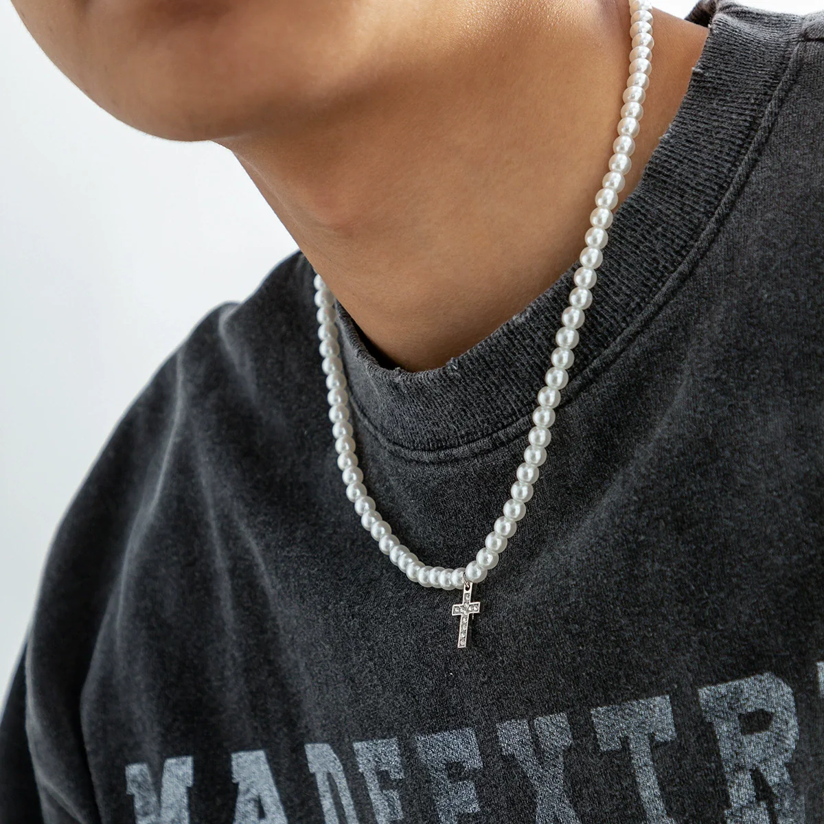 Men's Hiphop Handmade Alloy Pendant Imitation Pearl Ushape Cross Necklace
