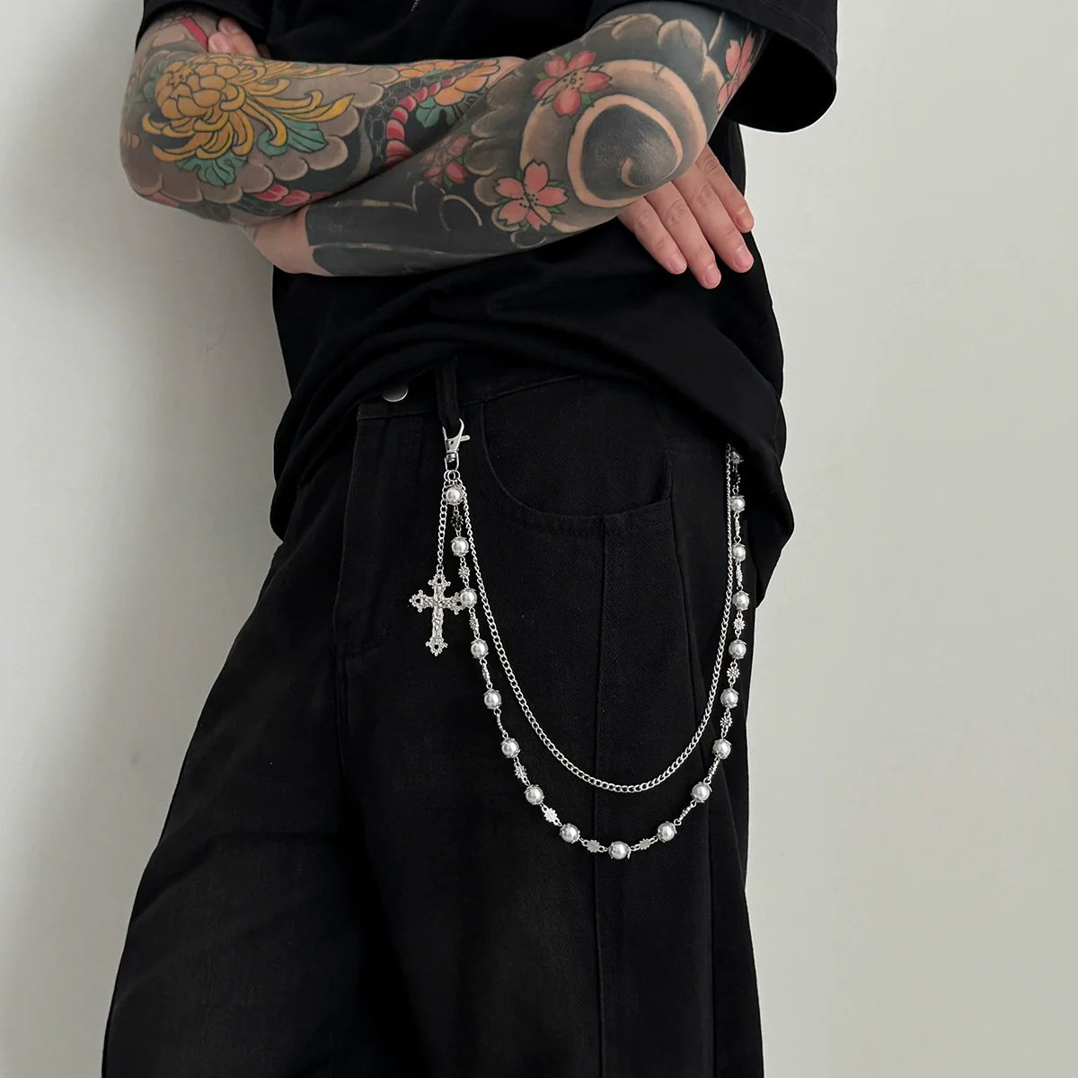 Men's Hiphop Metal Flower Pants Chain And Cross Pendant Accessories - Image 3