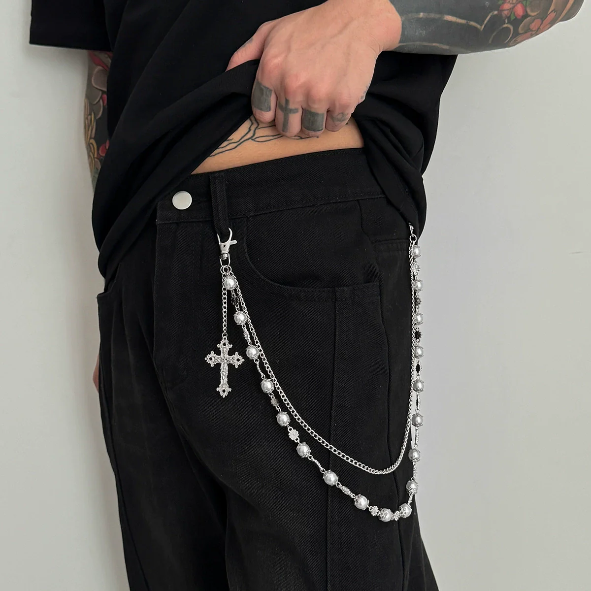 Men's Hiphop Metal Flower Pants Chain And Cross Pendant Accessories - Image 7