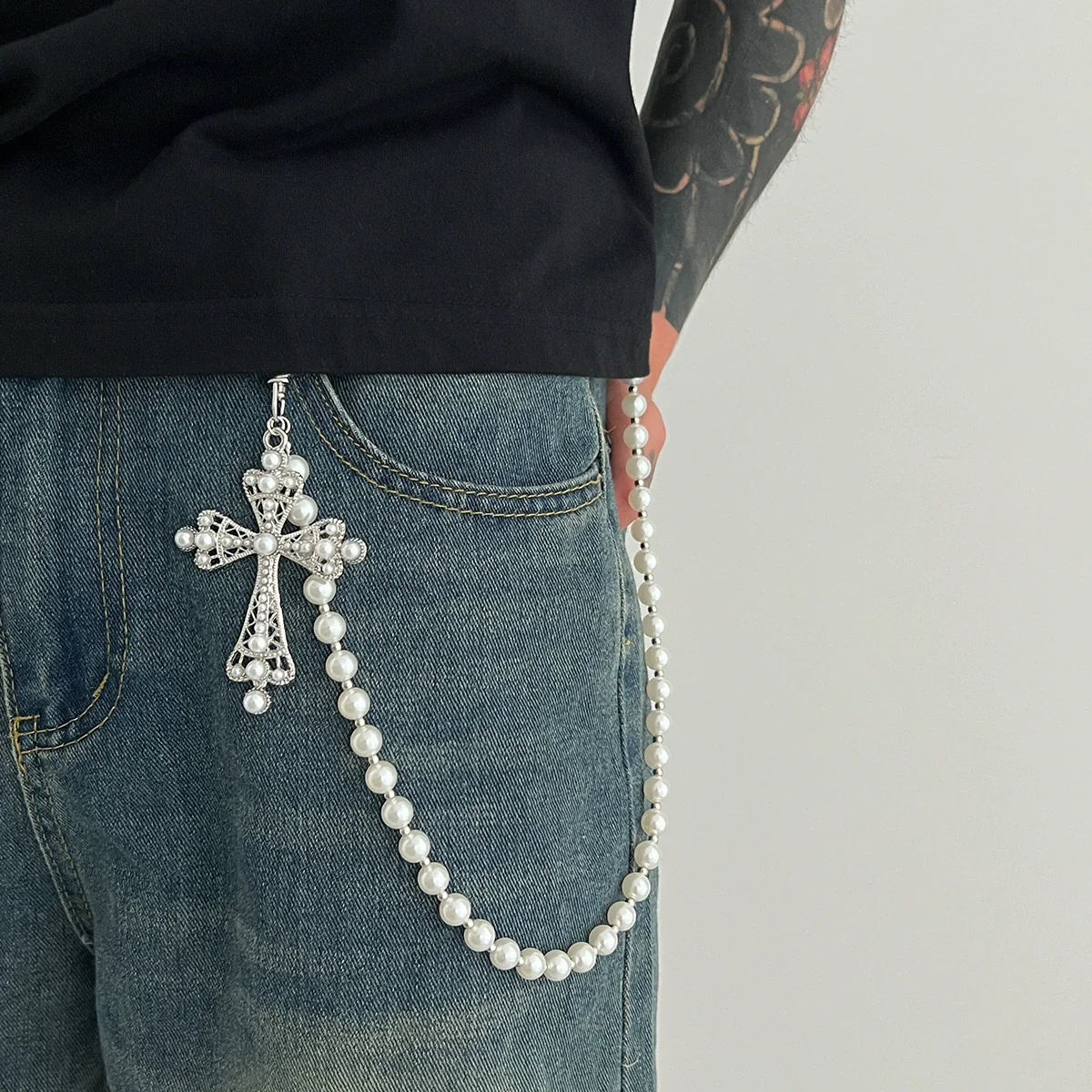 Men's Hiphop Metal Pearl Pants Chain With Cross Pendant Accessories