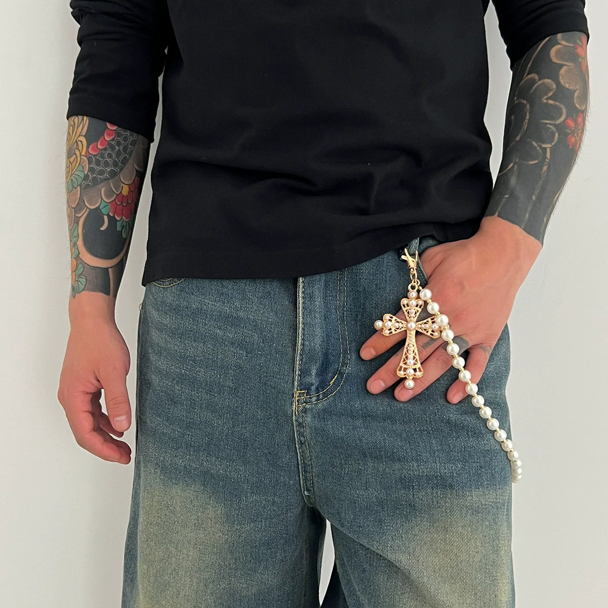 Men's Hiphop Metal Pearl Pants Chain With Cross Pendant Accessories - Image 3