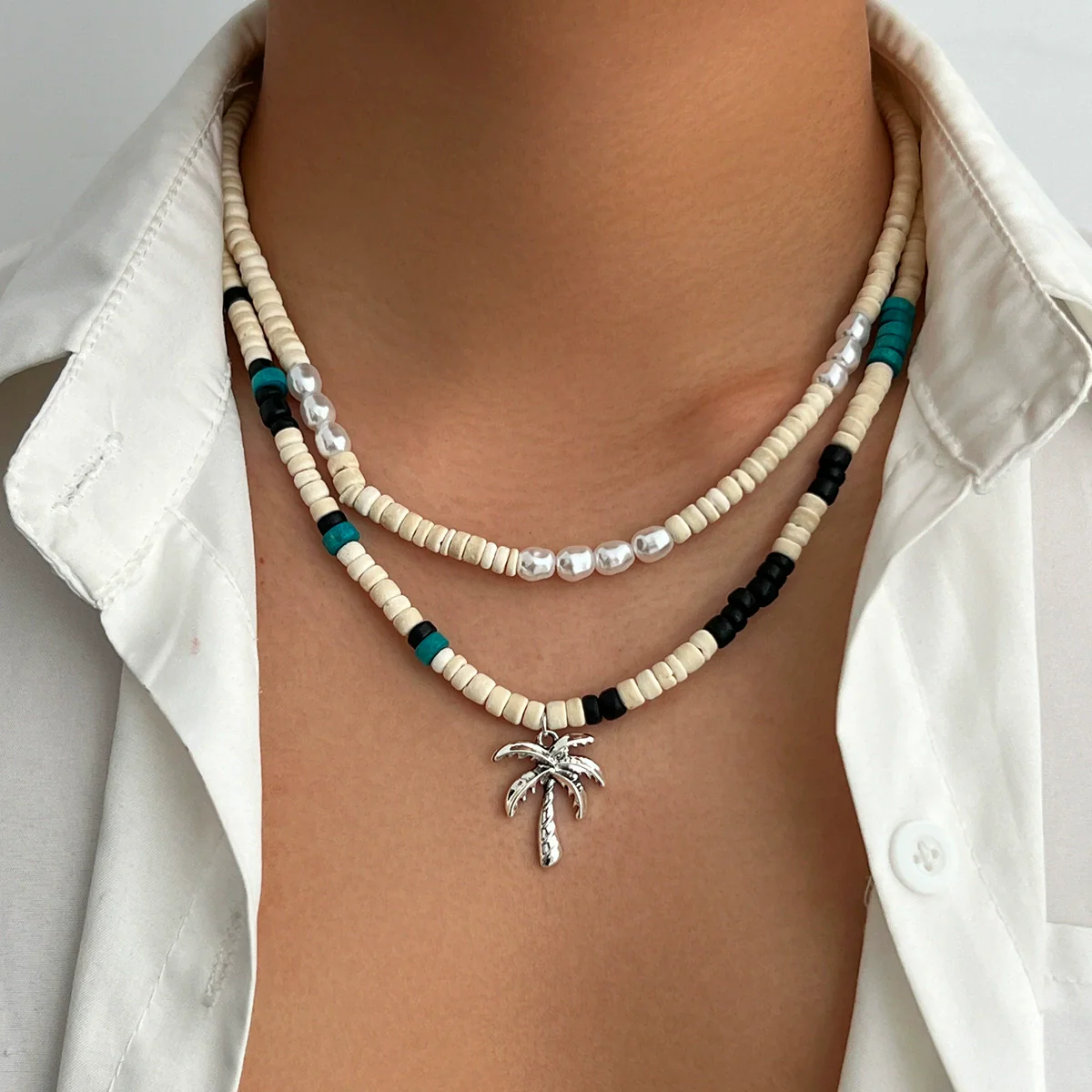 Men's Hiphop Niche Handmade Alloy Coconut Tree Pendant Clavicle Chain Jewelry With Geometric Pattern