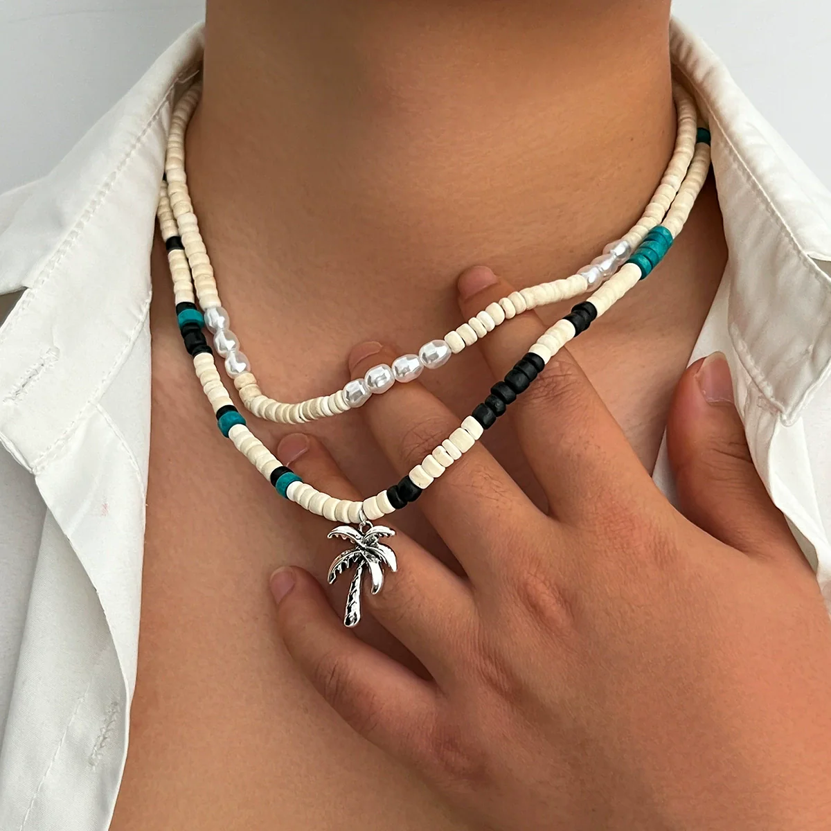 Men's Hiphop Niche Handmade Alloy Coconut Tree Pendant Clavicle Chain Jewelry With Geometric Pattern - Image 2