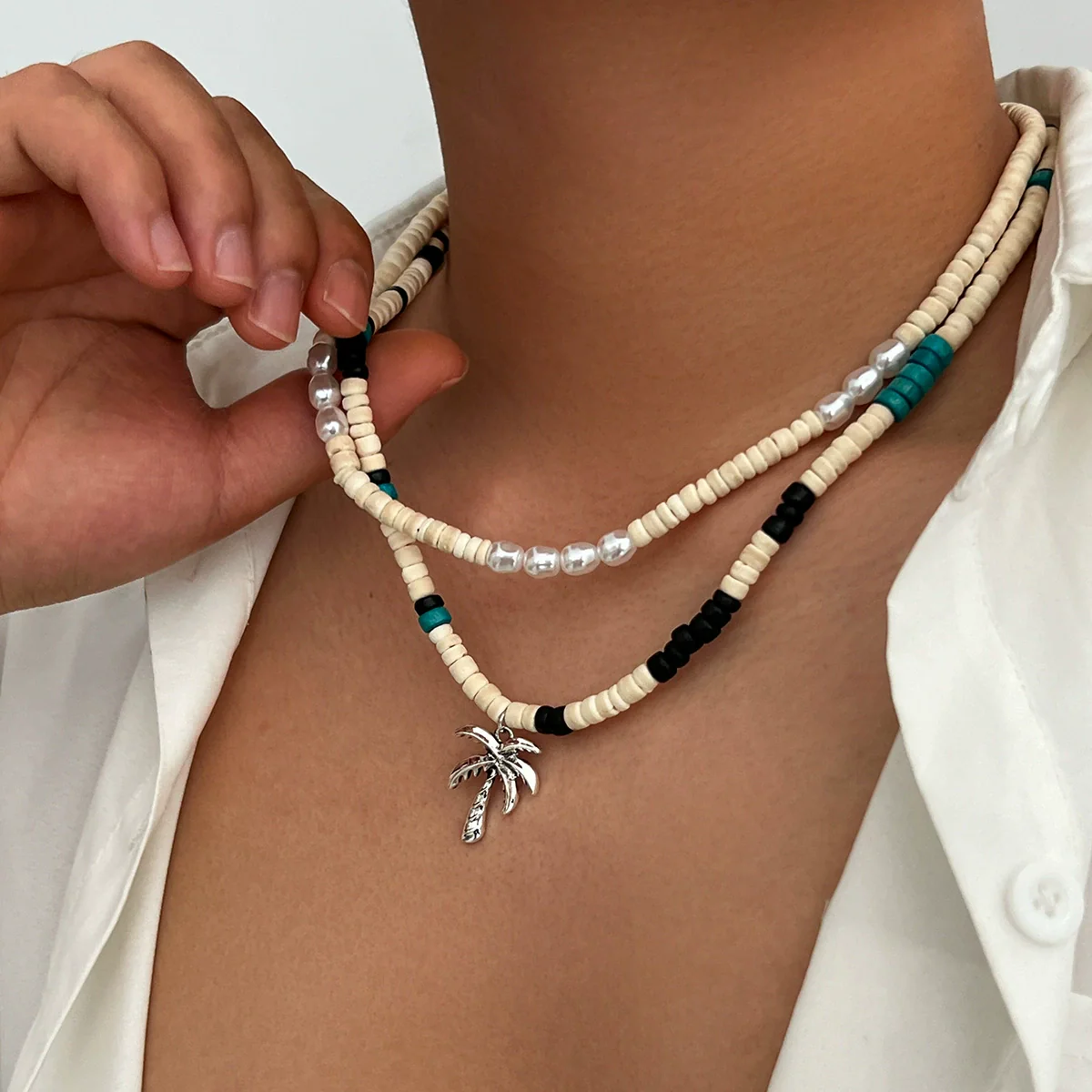 Men's Hiphop Niche Handmade Alloy Coconut Tree Pendant Clavicle Chain Jewelry With Geometric Pattern - Image 3