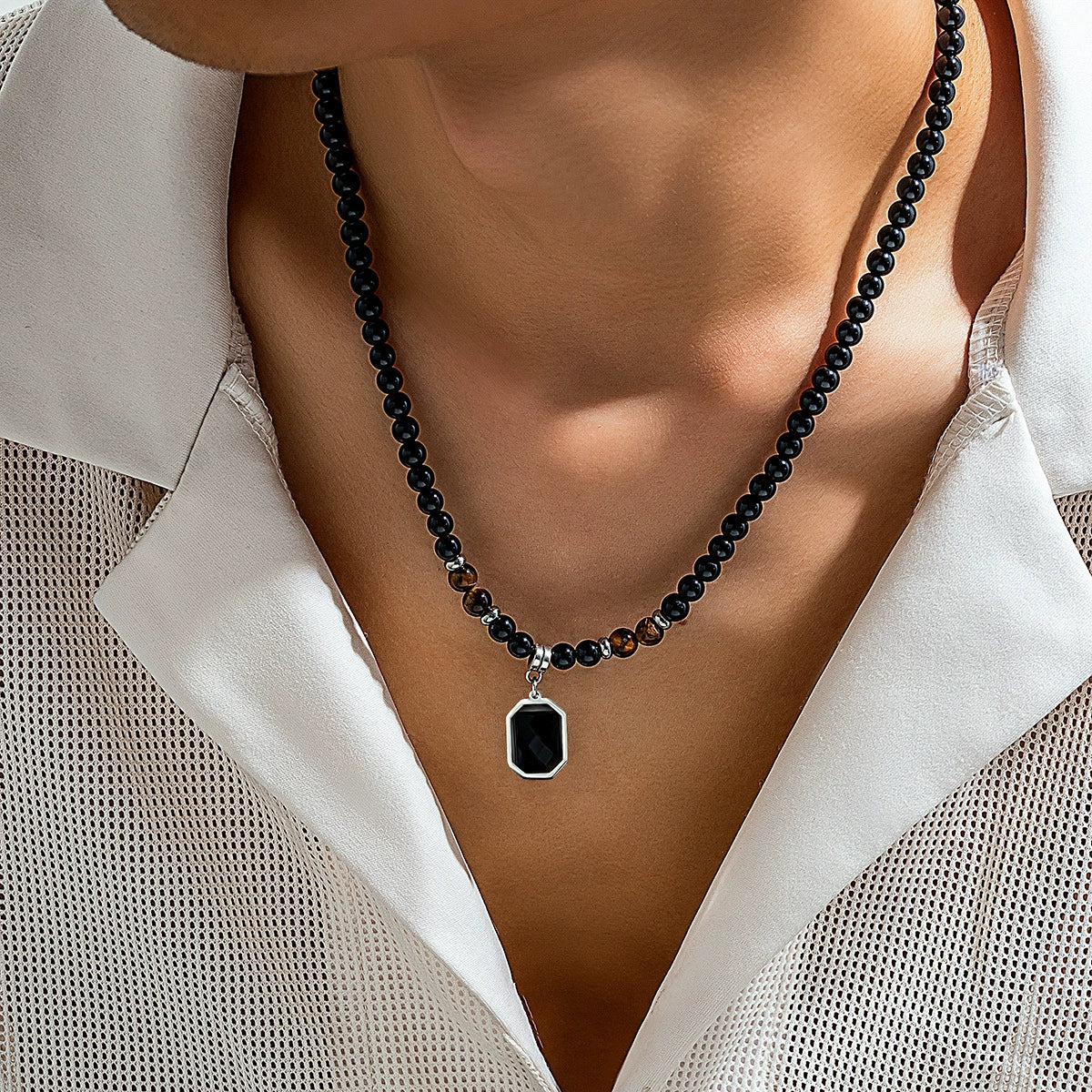 Men's Hiphop Niche Highend Simple Acrylic And Stainless Steel Geometric Handmade Beaded Necklace