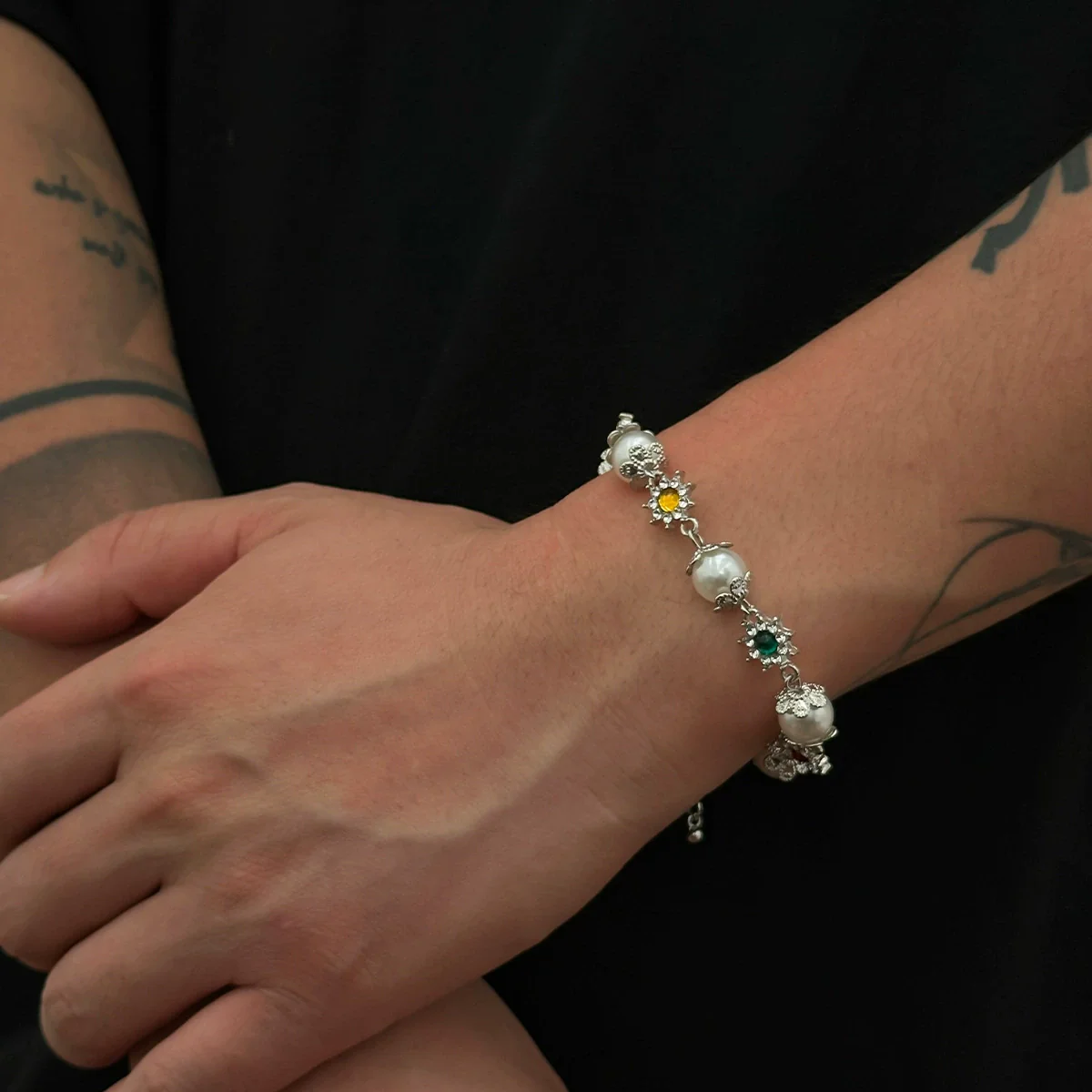 Men's Hiphop Style Alloy Handmade Flower Pearl Bracelet